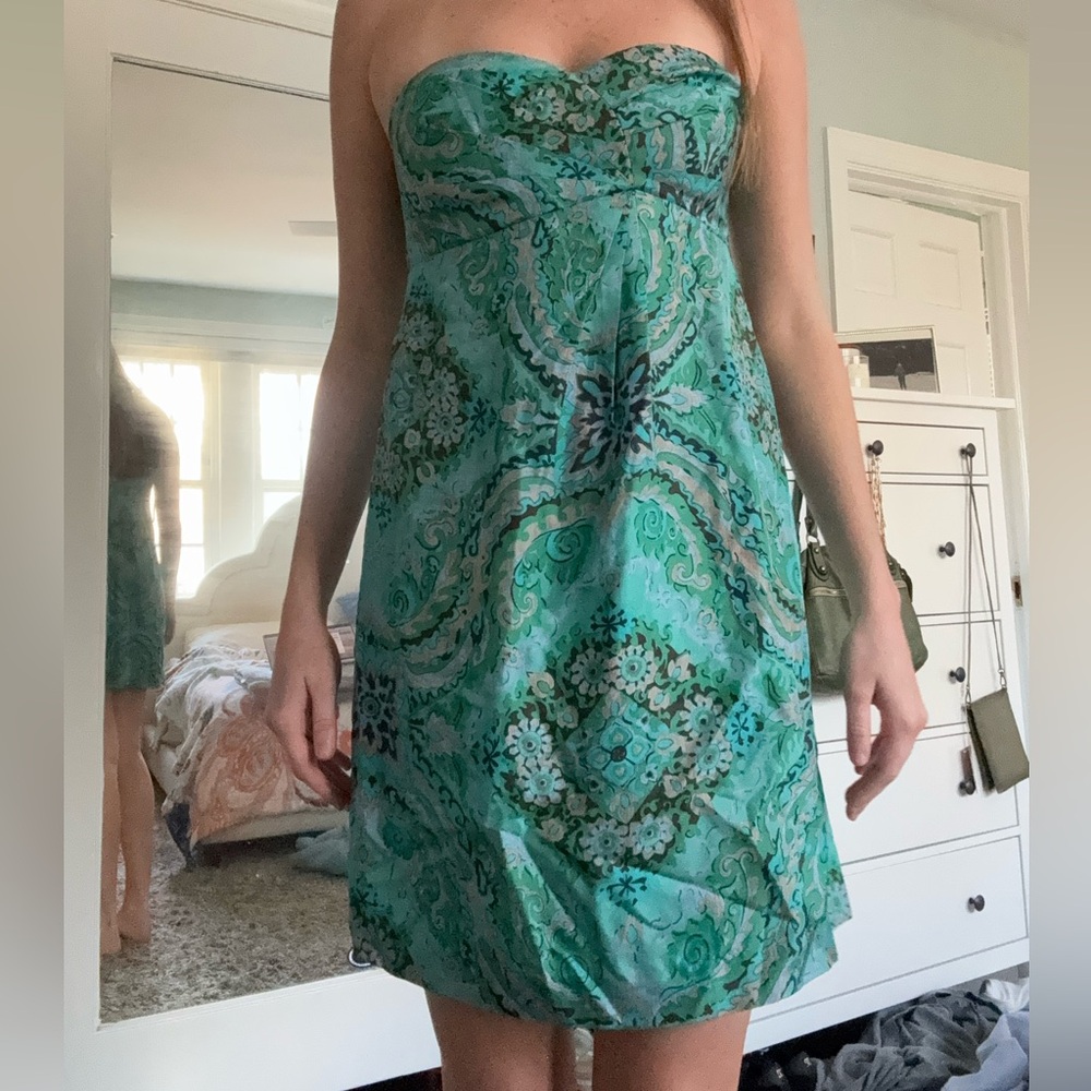 Green patterned J Crew strapless mini dress; size 4